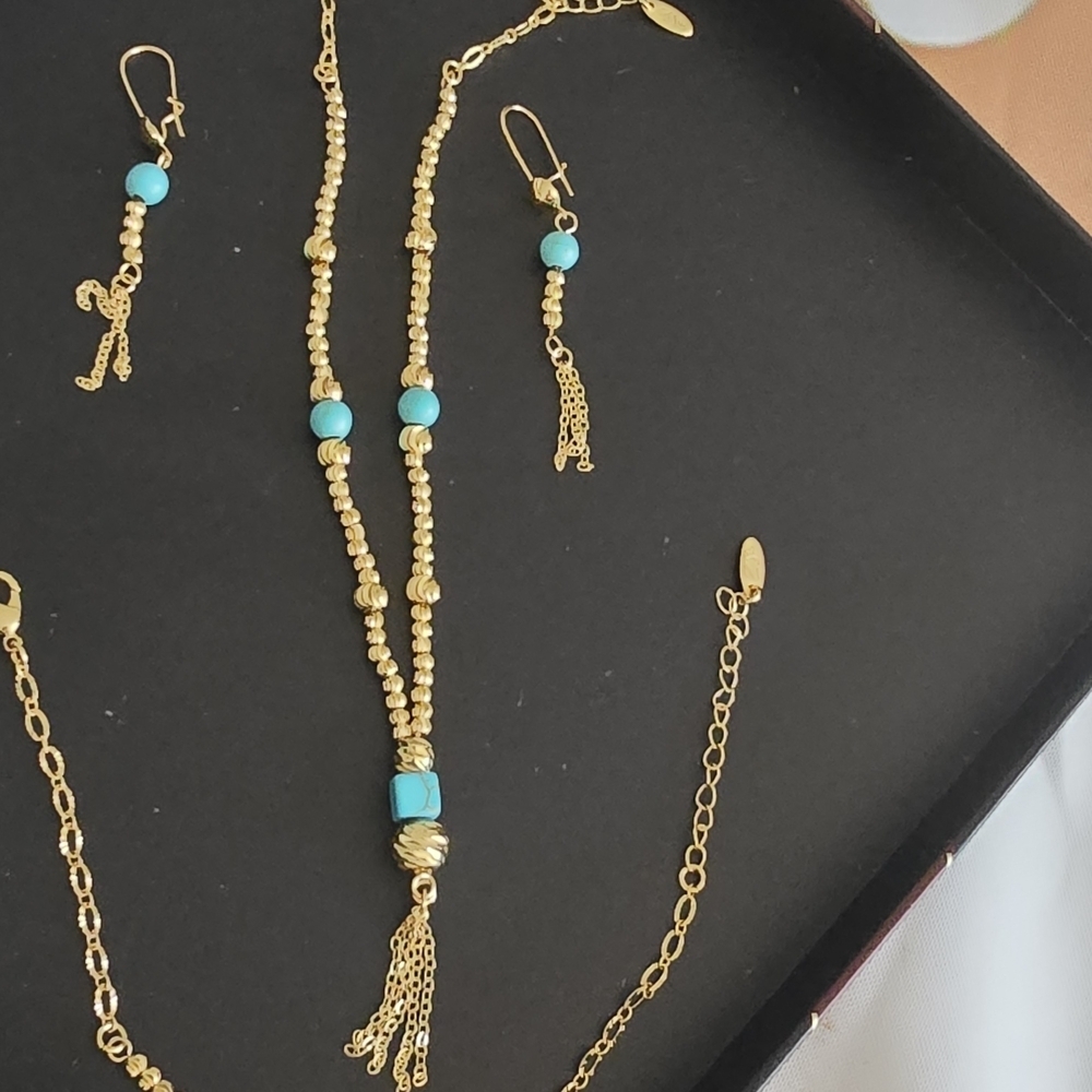 22kgp DubaiGold and Turquoise 3 Pc Jewelry Set